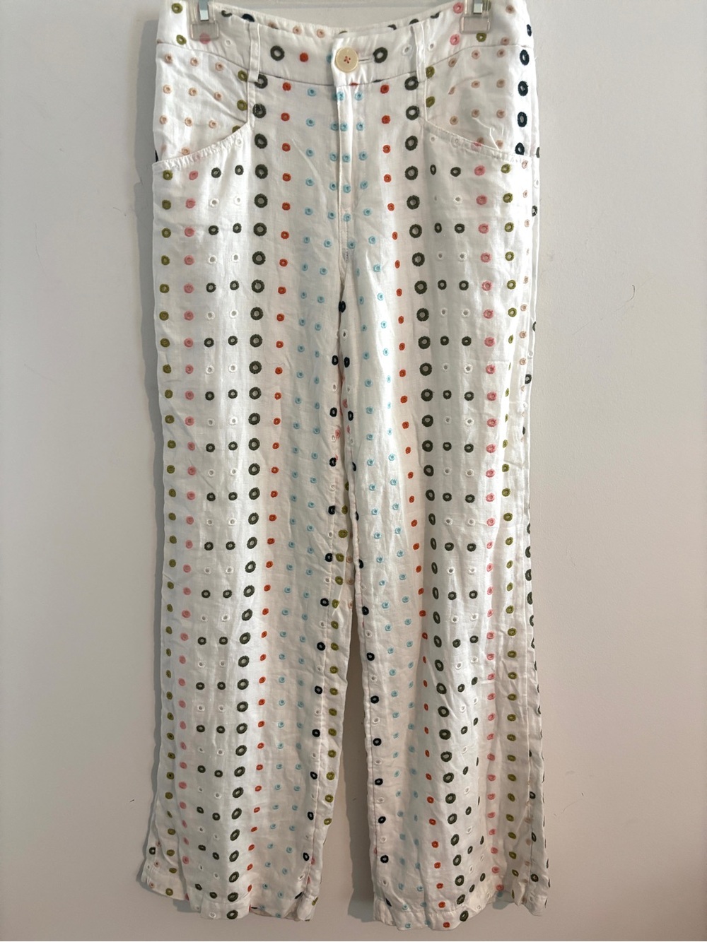 ETT:TWA by Anthropologie Linen Size 2 Wide Leg White Eyelet Polka Dot Pants - Picture 6 of 10